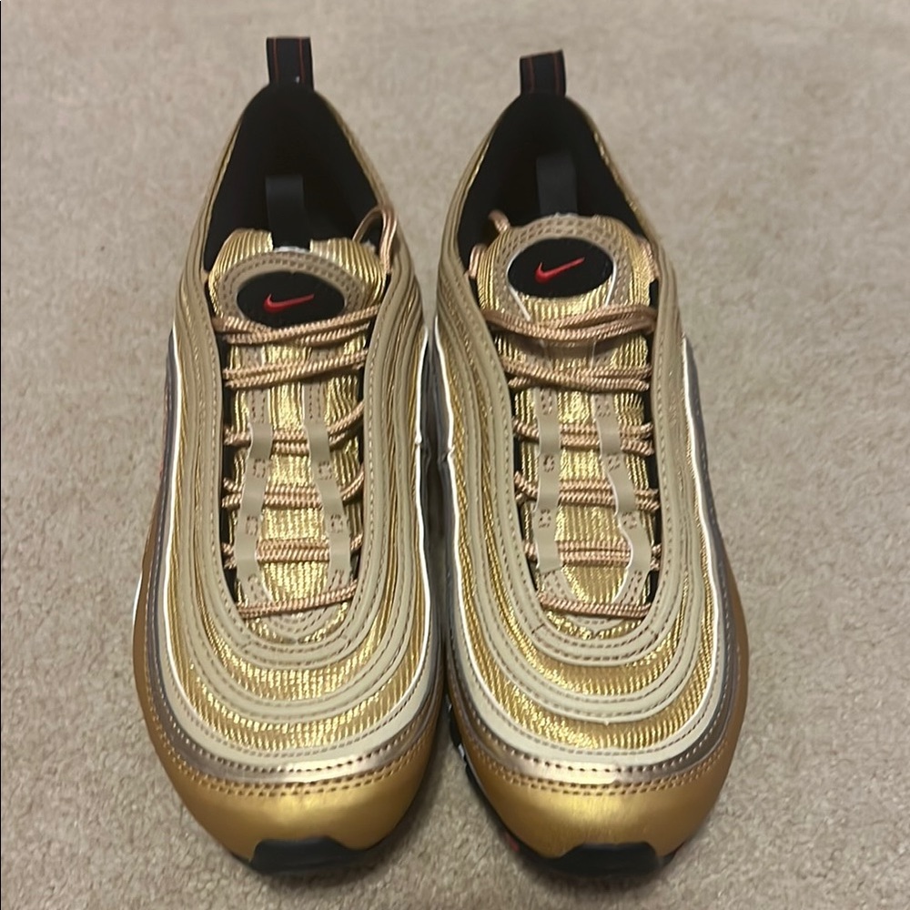 Nike 97s Metallic Gold Sneakers with Red Details